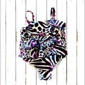 Carter’s Infant Girls Swimsuit One Piece Zebra Black Hot Pink Ruffled Front 18M